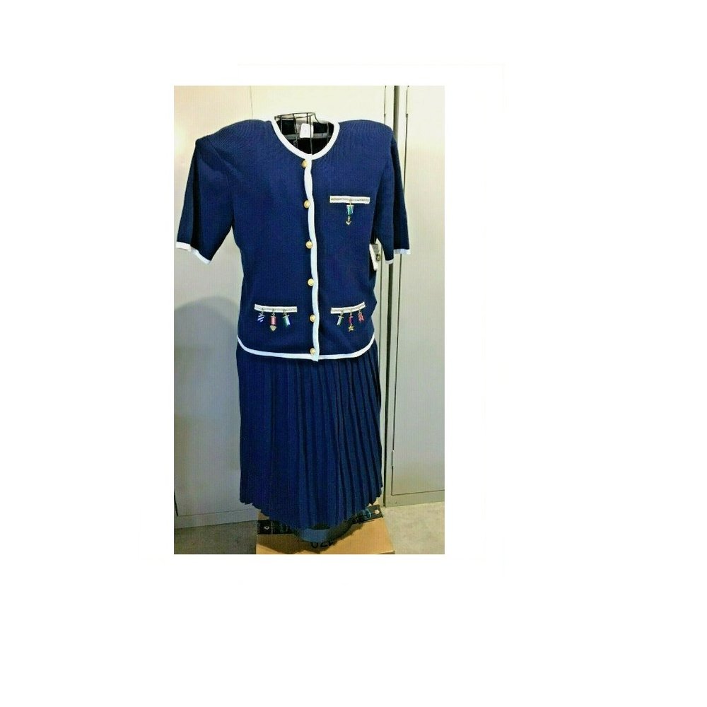 Vtg Women's Large 2-Pc Skirt Sweater Top Set Navy Blue Knit 1992 Susan Bristol